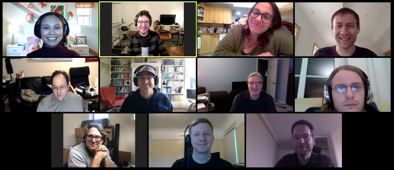 A screenshot of the Zoom video conferencing app with 11 smiling faces.