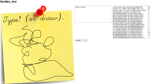 Screenshot of web interface with text area entry, rendered text in Hershey script font and a squiggly drawing, and a text area containing SVG code output. The text says: Type! (or draw).