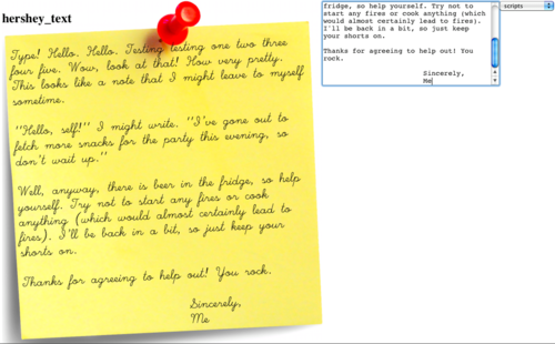Screenshot of web interface with a text area and rendered text in Hershey script font. The rendered text is at an angle and atop a background image as though it is written on a sticky note. There is a great deal of text, causing the font size to be reduced. It is filler text, so I won't repeat it here.