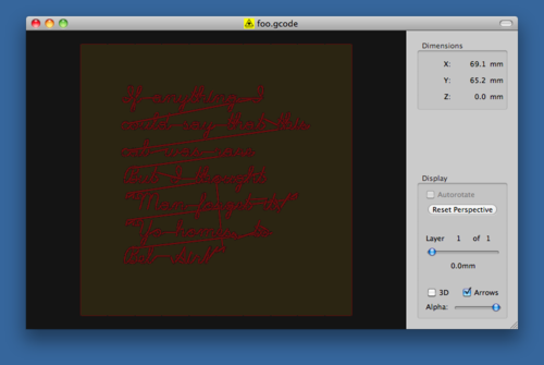 G-Code viewing app rendering the CNC machine code instructions to draw the script text described above.