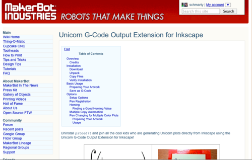 Screenshot of the MakerBot wiki page for Unicorn G-Code Output Extension for Inkscape.
