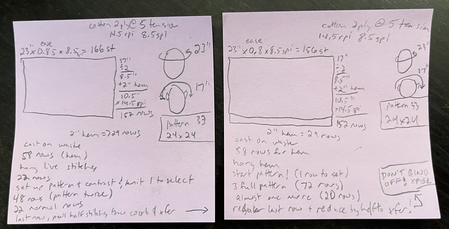 Another two pink sticky notes with illustrations, measurements, and calculations.
