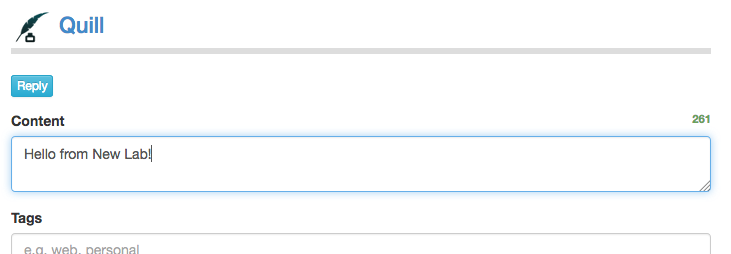 Posting interface with 'Hello from New Lab' typed into note field