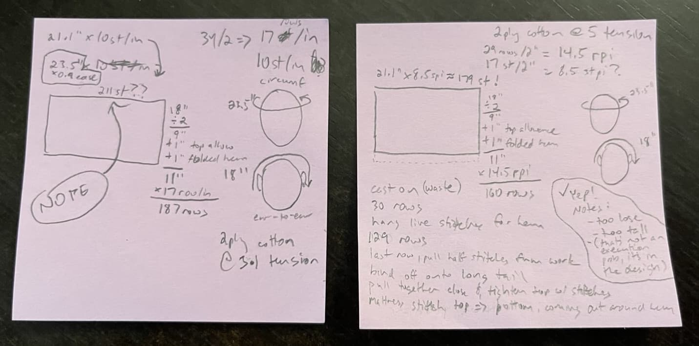 Two pink sticky notes with illustrations, measurements, and calculations.