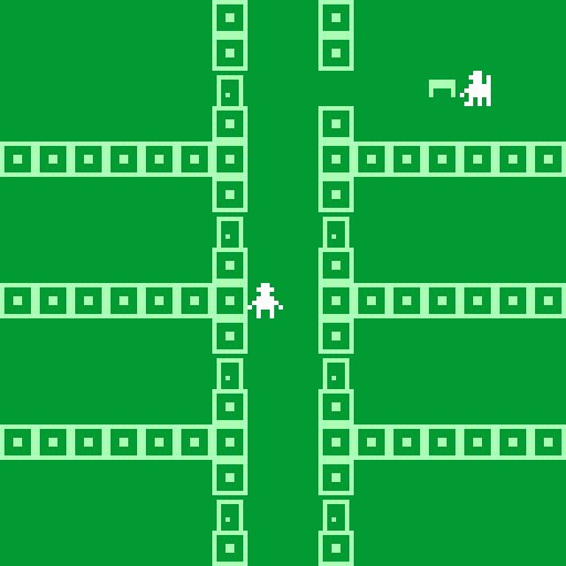 Stick figure in a green and white office building corridor surrounded by locked rooms. At the far end is an open office with another figure at a desk.
