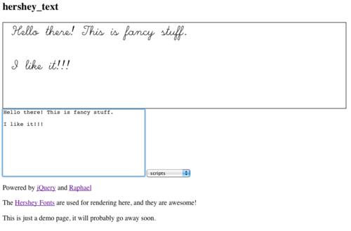 Screenshot of web interface with a text entry and rendered text in Hershey script font. Text reads: Hello there! This is fancy stuff. I like it!!!