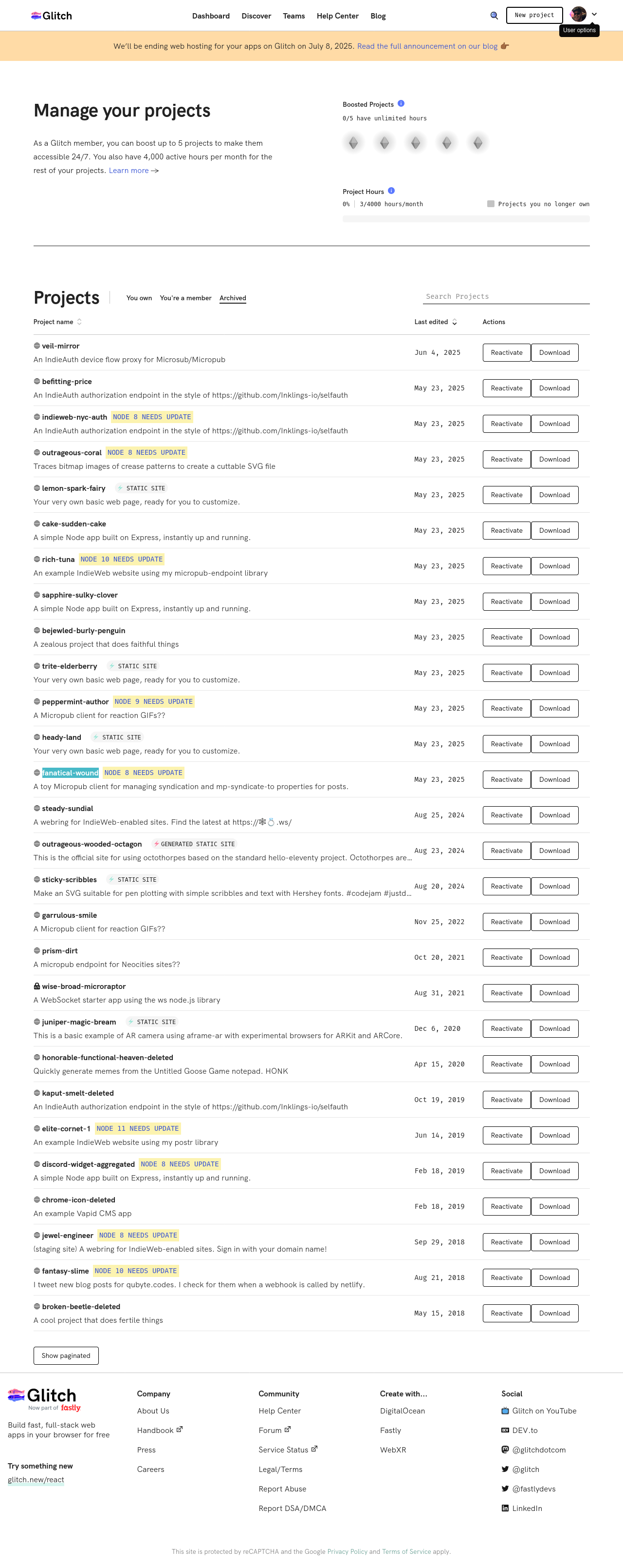 screenshot of my Glitch profile's Your Project page listing my archived projects, discussed above.