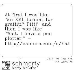 Rendering of a Tweet as vector art, including a profile photo and post metadata. The post reads 'At first I was like an XML format for graffiti? Pfft! And then I was like wait, I have a pen plotter.' by @schmarty.