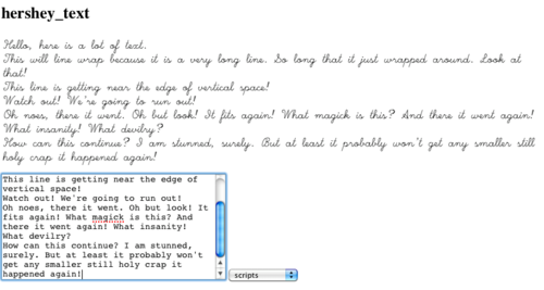 Screenshot of web app with text area and rendered text in Hershey script font. There are many lines of text, and the font has been downsized to fit more text. It's a lot of filler text that I won't repeat here.