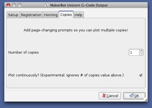Screenshot of Inkscape export options for number of copies, including a checkbox to plot continuously instead of stopping at a certain number.