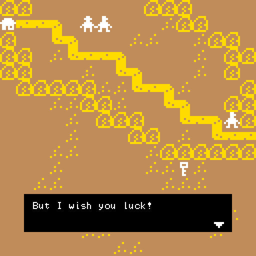 But I wish you luck! Dialog from a stick figure along a desolate and rocky desert road.