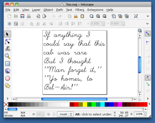 Inkscape interface with the rendered Hershey script font data described above.