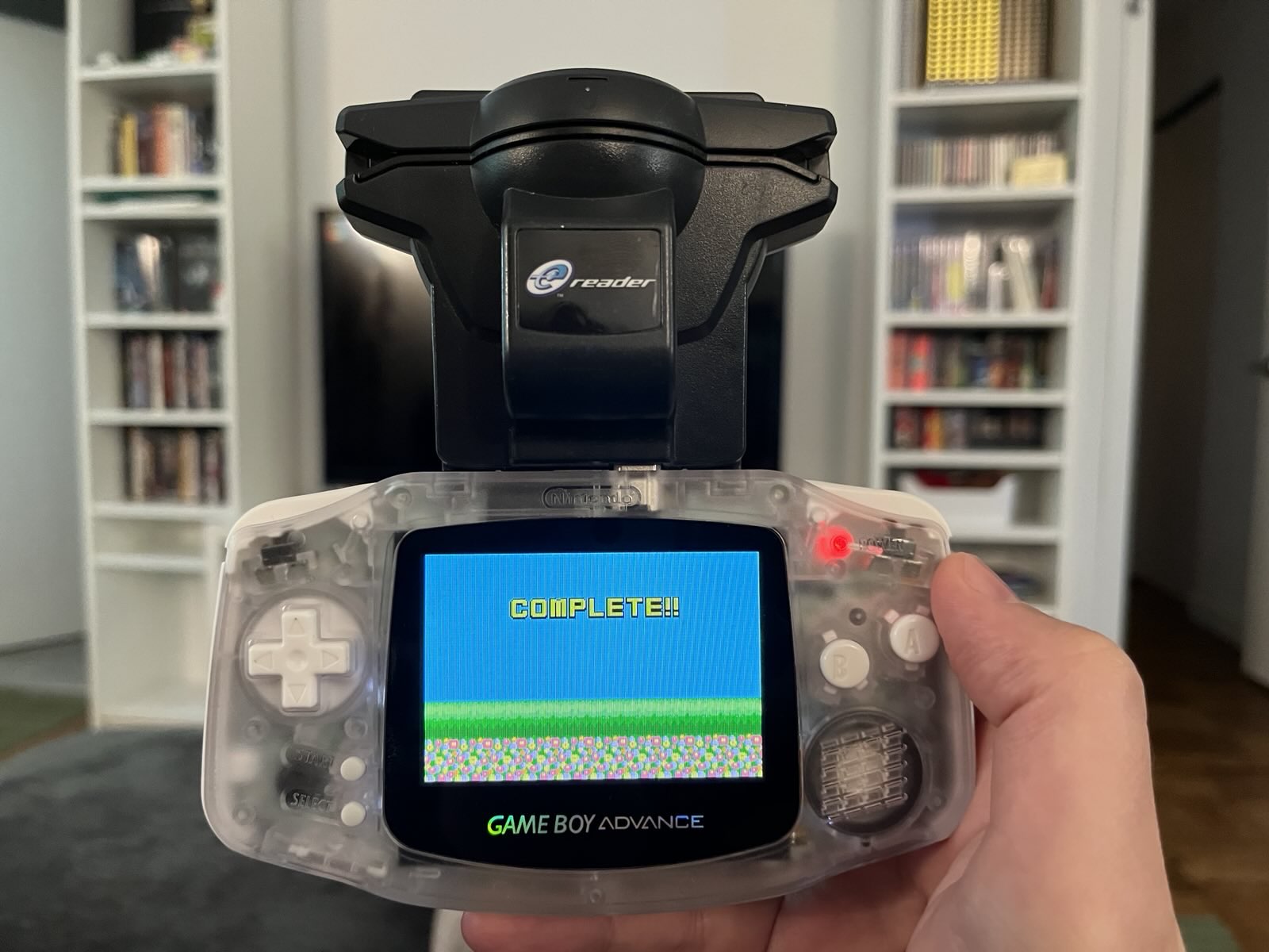A hand holds up a Game Boy Advance with e-Reader cartridge. The screen says 'COMPLETE!!' in bold yellow text over a pixelated blue sky and field of flowers.