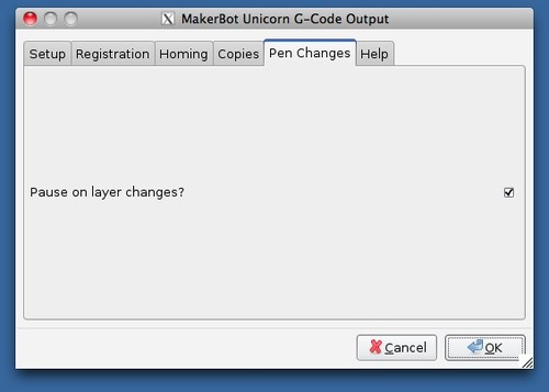 Screenshot 'Pen Changes' tab options with 'Pause on layer changes' option checked.